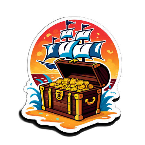 Piraat thema sticker met schatkist en zeilboot