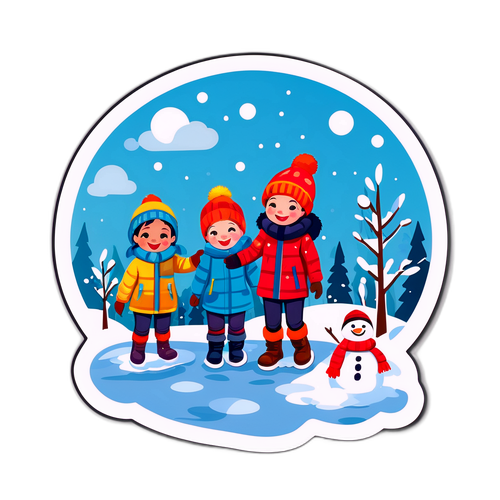 Tél időjárás témájú matrica gyerekekkel a hóban