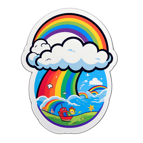 Sticker met een cartoonversie van orkaan Humberto die een regenboog achterlaat
