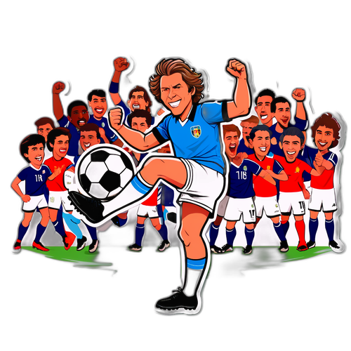 Karikatur von Toni Polster, der einen Fußball tritt