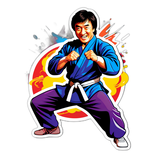 Kolorowy naklejka z Jackie Chanem w akcji