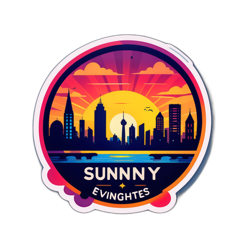 Силуэт города на закате с надписью 'Sunny Evenings'