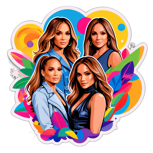 Jennifer Lopez barátokkal egy színes háttér előtt