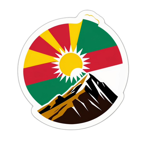 Μια πολύχρωμη σημαία της Βολιβίας που κυματίζει πάνω από το προφίλ βουνού, με τον ήλιο να ανατέλλει