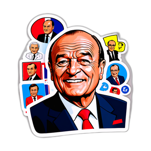 Sticker caricatural de Jacques Chirac célébrant ses contributions politiques avec des icônes françaises
