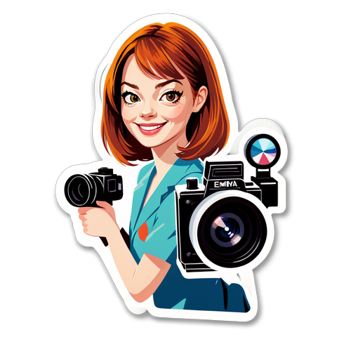 Een schattige sticker van Emma Stone met een filcamera