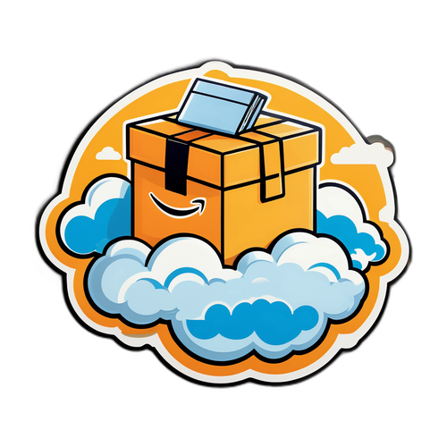 Humorvoller Aufkleber mit Amazon-Paket in Wolken