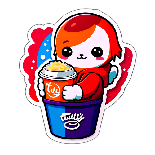 可愛いキャラクターがタリーズのテイクアウトカップを持っているステッカーのデザイン