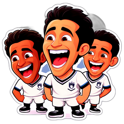 Schattige cartoon sticker van Omar Marmoush lachend met zijn teamgenoten in de kleedkamer