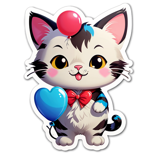 可爱的猫贴纸，握着一个闪亮的心形气球