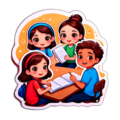 학생들이 모여 공부하는 아기자기한 일러스트 스티커