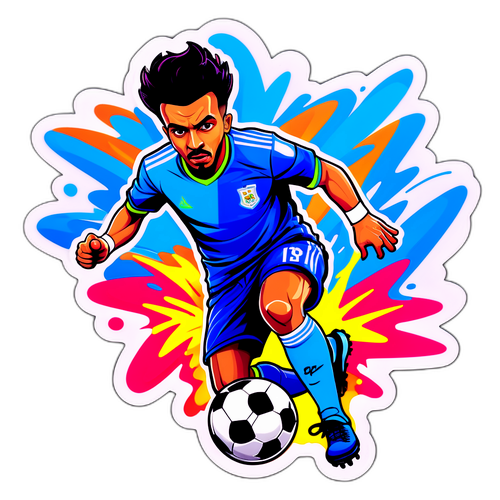 Graffiti sticker przedstawiający Azzedine Ounahi z piłką nożną