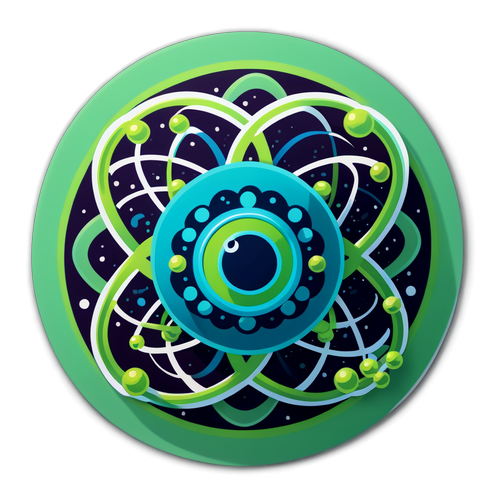 Een sticker met een speelse, innovatieve illustratie van een uraniumatoom