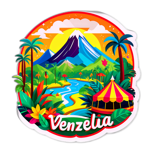 Иллюстрация Венесуэлы с яркими пейзажами тропических лесов и элементами карнавала