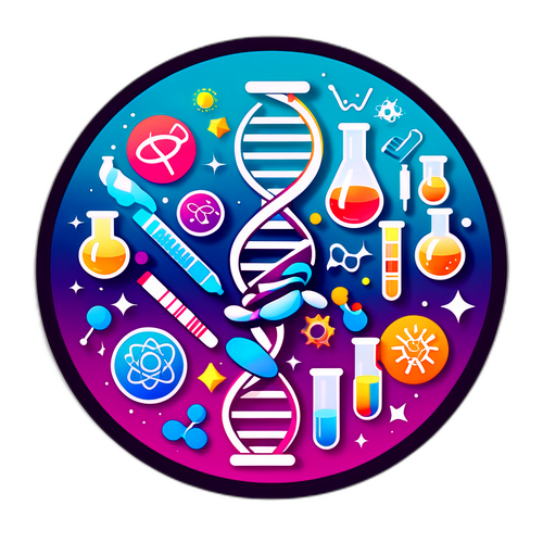 डीएनए और प्रयोगशाला आइकन वाला गोलाकार स्टिकर