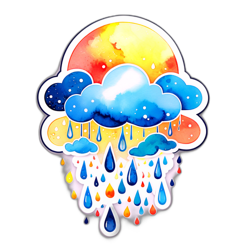 Künstlerisches Wetterdesign mit Sonne, Wolken und Regentropfen