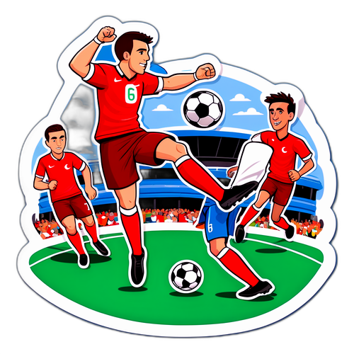 Speelse sticker van cartoonvoetballers uit Turkije in actie