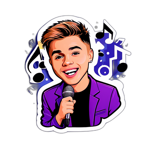 Vrolijke sticker van Justin Bieber met een microfoon