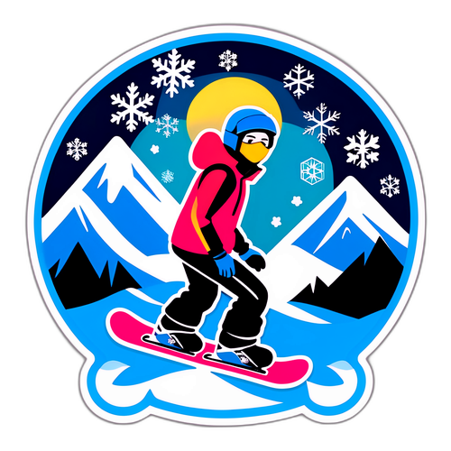 Planche de snowboard stylisée avec flocons de neige et montagnes