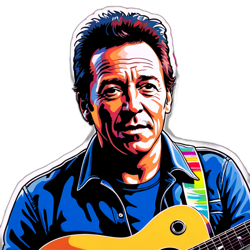 Portrait de Bruce Springsteen sur fond de scène de concert colorée