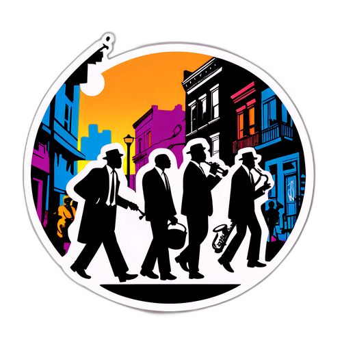 Harlem utcáin sétáló sziluettek jazz zenészekkel és graffitivel