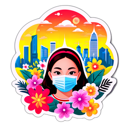 ภาพทิวทัศน์กรุงเทพฯ กับระดับ PM 2.5 สูง พร้อมหน้ากากและดอกไม้สวยงาม