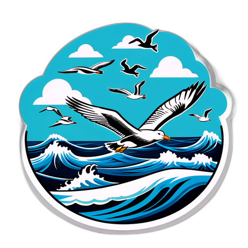 Ilustracja sceny na Morzu Bałtyckim z ptakami i falami