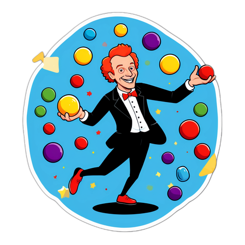 Une représentation humoristique de Benoît Poelvoorde jonglant avec des objets comiques