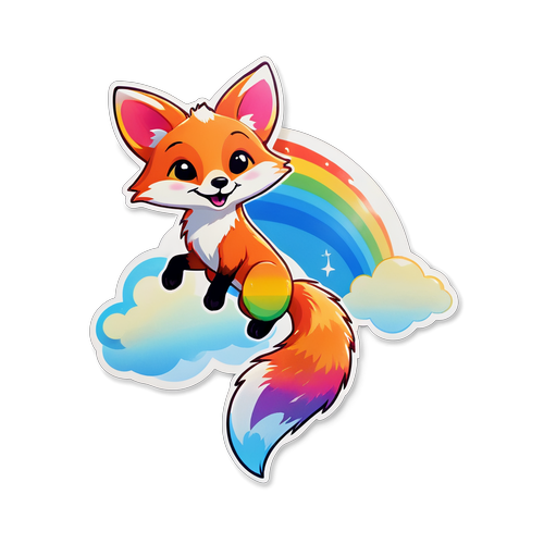 可爱的小狐狸在彩虹上跳跃