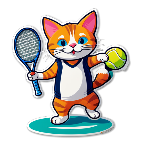 Sticker Kucing Bermain Tenis yang Ceria