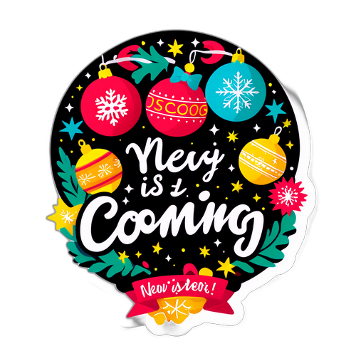 Дизайнерская наклейка с новогодними украшениями и надписью 'Скоро Новый Год!'