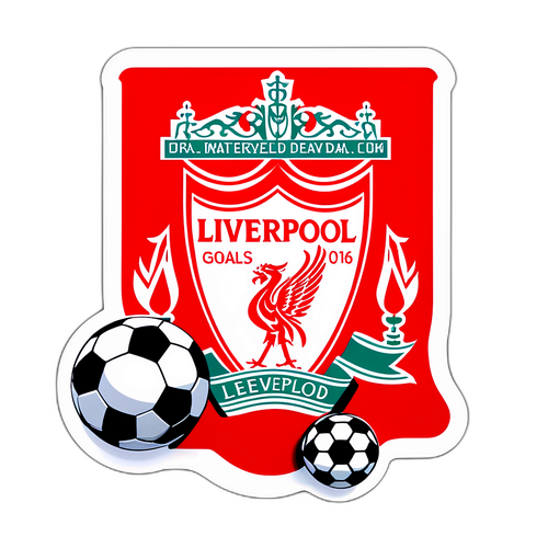 Sticker z symbolami Liverpool: gole, piłki i kibice wspierający drużynę