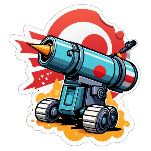 Cartoon van een elektromagnetisch kanon met een Japanse vlag