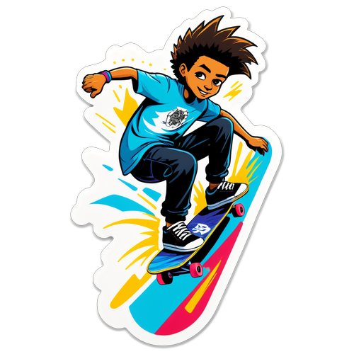 Ansprechender Skateboard-Sticker mit Taliso Engel in Aktion