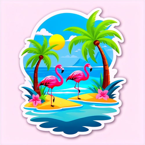 Tropical Paradise with Palm Trees and Flamingos