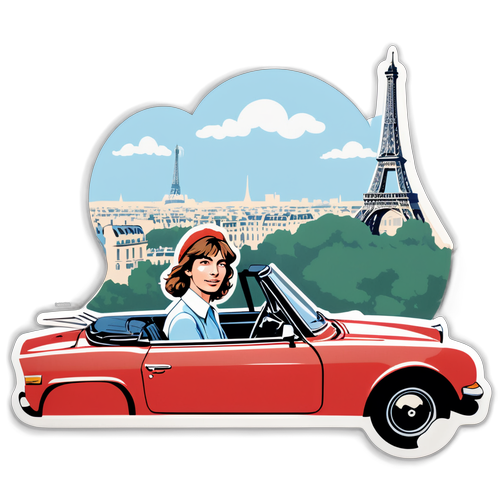 Autocollant vintage des années 70 de Jane Birkin au volant d'un cabriolet à Paris