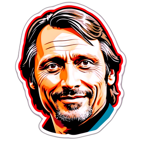 Et kunstnerisk klistremerke av Mads Mikkelsen