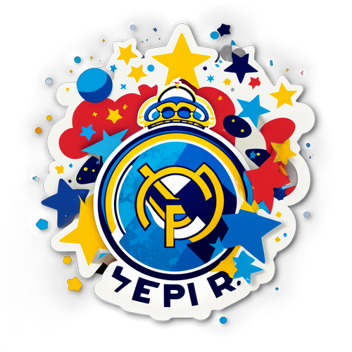 Un ballon de football aux couleurs de Liverpool et du Real Madrid, entouré de confettis et d'étoiles