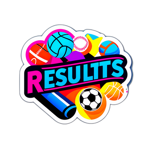 Vibráló matrica az 'eredmények' szóval és ikonikus sportmotívumokkal