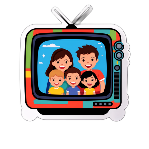 Diseño de un televisor con el logo 'Mi Telefe' mostrando a una familia feliz viendo televisión