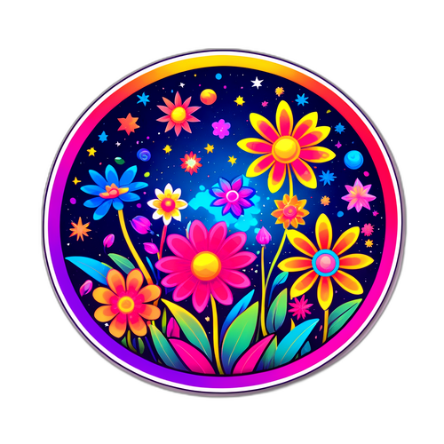 एक psychedelic फूलों का स्टिकर ब्रह्मांडीय बाग में
