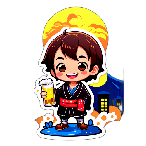 夜の頓町で楽しそうに飲んでいるキャラクターのステッカー