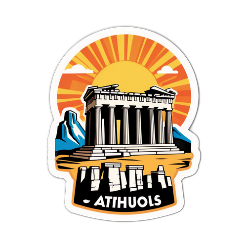 Σχεδίαση αυτοκόλλητου που απεικονίζει την Ακρόπολη κάτω από τον ήλιο, με το κείμενο "καιρός στην Αθήνα."