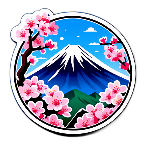 Stiker Chibi Gunung Fuji dengan Bunga Sakura