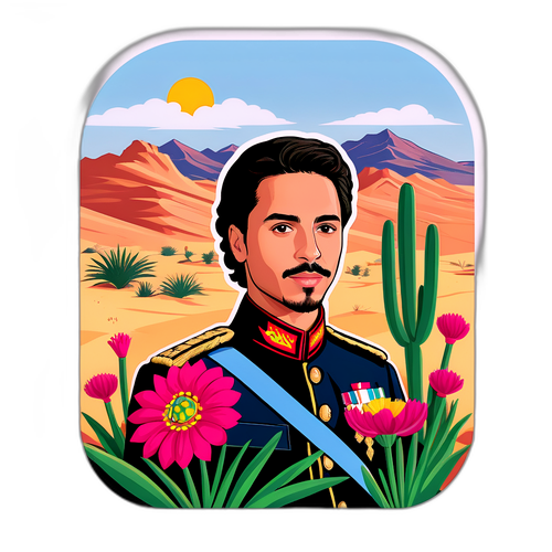 Autocollant représentant le Prince Hussein avec des fleurs du désert jordanien, symbole de paix