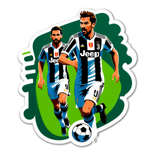 Sticker ya Juventus inayoonyesha uwanja wa soka na matukio ya mchezo
