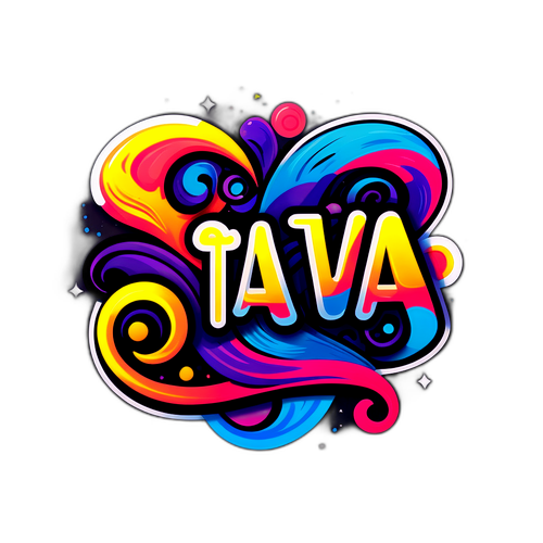 Design a minimalist sticker with the word 'Stava' in artistic lettering, enhanced by abstract elements that represent creativity and innovation.