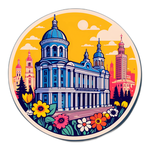 Архітектурні пам'ятки Харкова в ретро стилі з квітами та пішоходами
