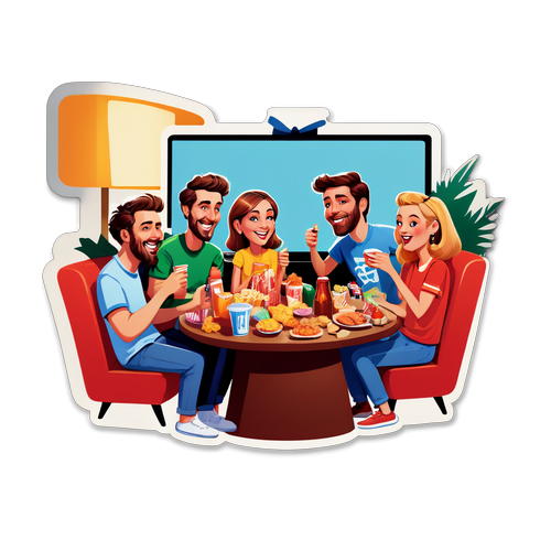 Caricatura de un grupo de amigos viendo un juego en televisión