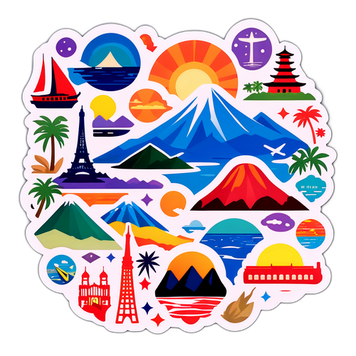 旅行の喜びを呼び起こす名所のステッカーコラージュ